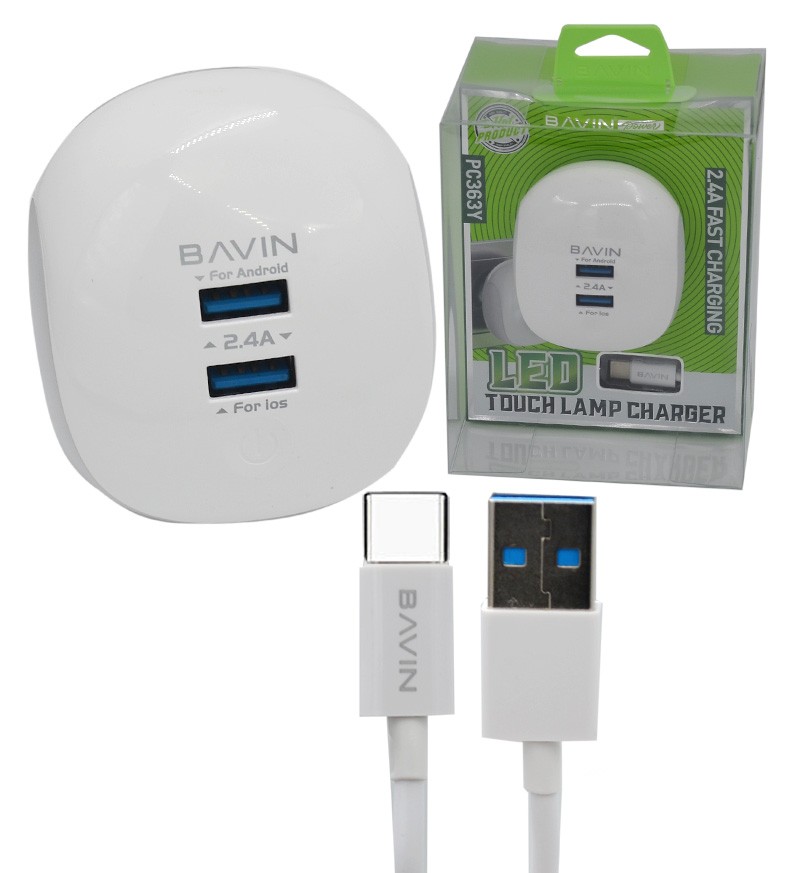 شارژر دو پورت + کابل TYPE-C باوین (bavin) مدل PC363Y شارژر دو پورت + کابل TYPE-C باوین (bavin) مدل PC363Y